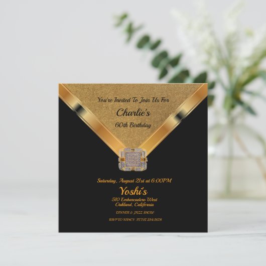 Black, Gold Glitter 60th Birthday Party Invitation Kaart (Staand voorkant)