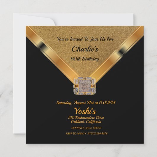 Black, Gold Glitter 60th Birthday Party Invitation Kaart (Voorkant)