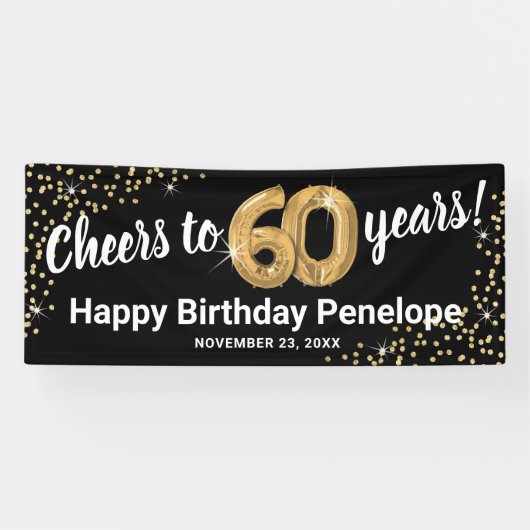 Black Gold Glitter 60th Birthday Spandoek (Horizontaal)