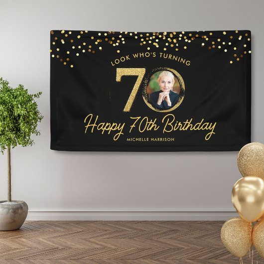Black Gold Glitter 70e verjaardagsfeest Uw foto Spandoek