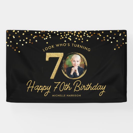 Black Gold Glitter 70e verjaardagsfeest Uw foto Spandoek (Horizontaal)