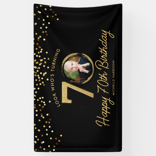 Black Gold Glitter 70e verjaardagsfeest Uw foto Spandoek (Verticaal)