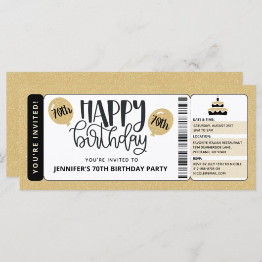 Black Gold Glitter 70th Birthday Invitation Ticket (Voorkant / Achterkant)