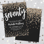 Black Gold Glitter 70th Birthday Kaart<br><div class="desc">Introductie van een chique en feestelijke uitnodiging voor het 70e verjaardagsfeest, perfect voor het markeren van deze speciale mijlpaal in stijl. Het elegante ontwerp is voorzien van een mix van goud en zilver glitter confetti, het toevoegen van een vleugje plezier en feestelijkheid. Bovenaan wordt "Seventy" prominent weergegeven in gedurfde kalligrafie,...</div>