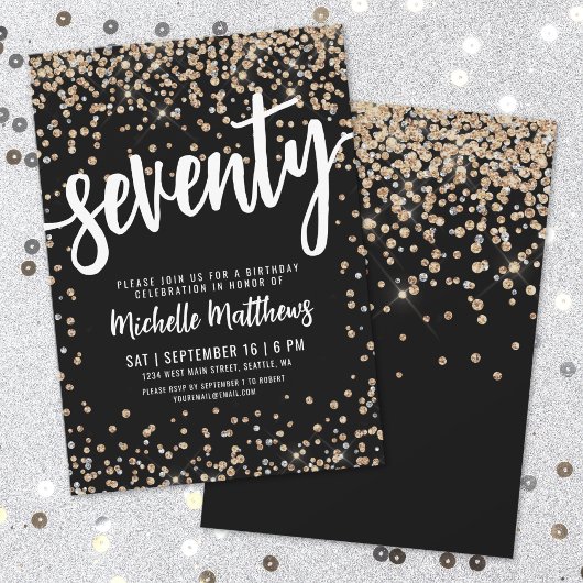 Black Gold Glitter 70th Birthday Kaart