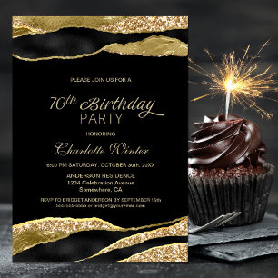 Black Gold Glitter 70th Birthday Party Kaart