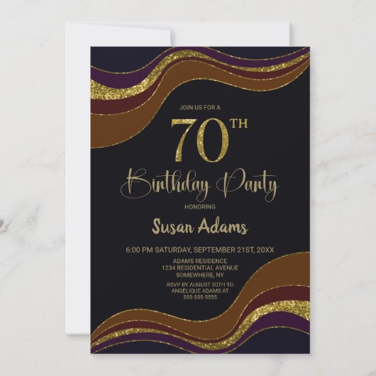 Black Gold Glitter 70th Birthday Party Kaart (Voorkant)