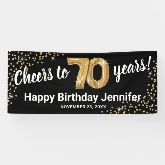 Black Gold Glitter 70th Birthday Spandoek (Horizontaal)