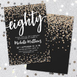 Black Gold Glitter 80th Birthday Kaart<br><div class="desc">Introductie van een chique en feestelijke uitnodiging voor het 80e verjaardagsfeest, perfect voor het markeren van deze speciale mijlpaal in stijl. Het elegante ontwerp is voorzien van een mix van goud en zilver glitter confetti, het toevoegen van een vleugje plezier en feestelijkheid. Bovenaan wordt "Tachtig" prominent weergegeven in gedurfde kalligrafie,...</div>