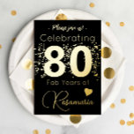 Black Gold Glitter 80th Birthday Party Folie Uitnodiging<br><div class="desc">Vier een 80ste verjaardag in stijl met onze leuke uitnodiging voor een zwart-gouden thema! De voorkant heeft een opvallend gouden folie design met charmante gouden vlekken en een hart. Draai het om om alle feestdetails te vinden, gemarkeerd met gouden gesimuleerde kunst en tekst. Personaliseer uw uitnodiging met aanpasbare opties voor...</div>