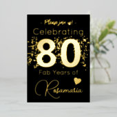 Black Gold Glitter 80th Birthday Party Folie Uitnodiging (Staand Voorkant)