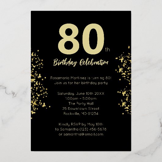 Black Gold Glitter 80th Birthday Party Folie Uitnodiging (Achterkant)