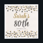 Black Gold Glitter 80th Birthday Servet<br><div class="desc">Elegante zwarte en gouden confetti glitter dames 80ste verjaardag party papieren servetten gepersonaliseerd met een naam, feestdatum en leeftijd. Alle tekst is aanpasbaar, zodat deze servetten kunnen worden ontworpen voor elke leeftijd wanneer u Zazzle's ontwerptools gebruikt. Neem contact met mij op voor hulp bij uw aanpassingen of om extra matching...</div>