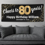 Black Gold Glitter 80th Birthday Spandoek<br><div class="desc">De elegante tachtigste verjaardagsbanner met een stijlvolle zwarte achtergrond die kan worden veranderd in elke kleur,  een gouden glans glitter,  tachtig gouden helliumballonnen,  en een moderne sjabloon ter viering van de 80ste verjaardag die gemakkelijk te personaliseren is.</div>