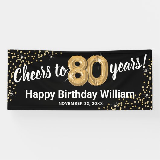 Black Gold Glitter 80th Birthday Spandoek (Horizontaal)