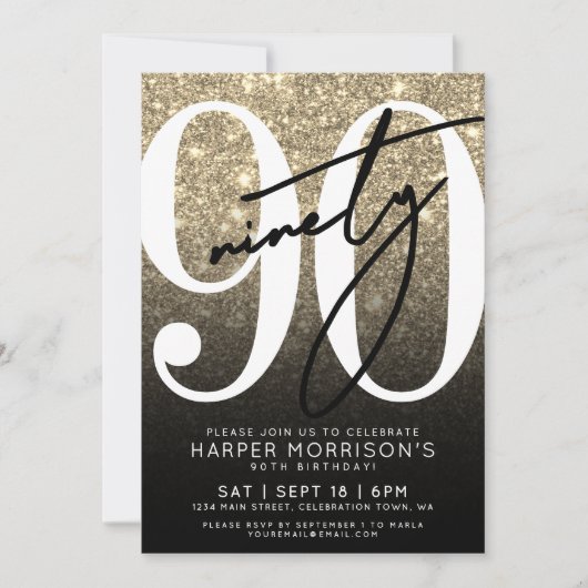 Black Gold Glitter 90th Birthday Kaart (Voorkant)