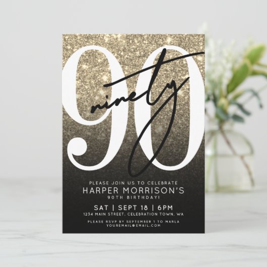 Black Gold Glitter 90th Birthday Kaart (Staand voorkant)