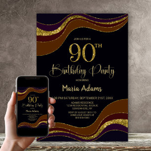 Black Gold Glitter 90th Birthday Party Kaart