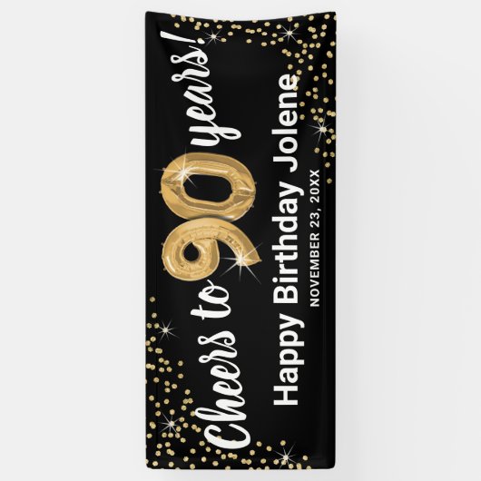 Black Gold Glitter 90th Birthday Spandoek (Verticaal)