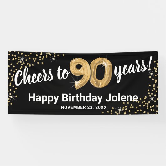 Black Gold Glitter 90th Birthday Spandoek (Horizontaal)