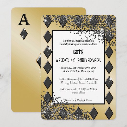 Black Gold Glitter Aas van Diamanten Uitnodiging (Voorkant / Achterkant)