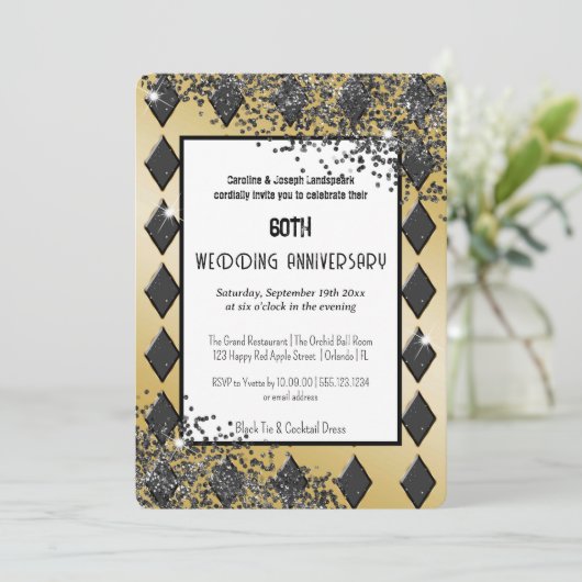 Black Gold Glitter Aas van Diamanten Uitnodiging (Staand voorkant)