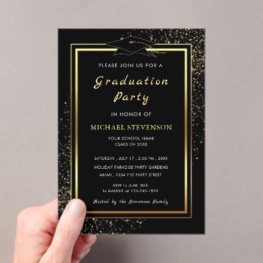 Black Gold Glitter Acryl Afstuderen Uitnodiging (Insitu (Draagbaar))