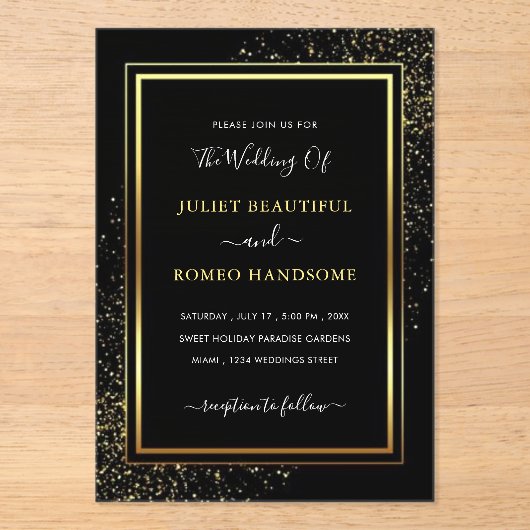 Black Gold Glitter Acryl Huwelijksuitnodiging Acryl Uitnodigingen (Voorkant)