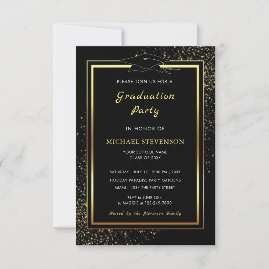 Black Gold Glitter Afstuderen Invitation Kaart (Voorkant)