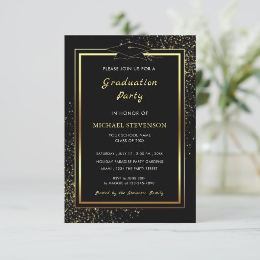 Black Gold Glitter Afstuderen Invitation Kaart (Staand voorkant)