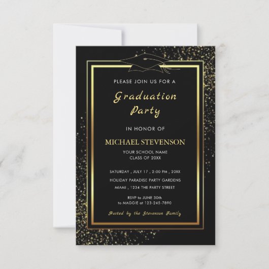 Black Gold Glitter Afstuderen Invitation Sjabloon Kaart (Voorkant)