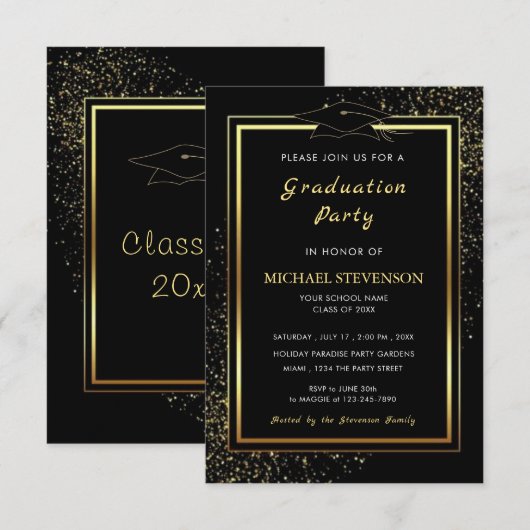 Black Gold Glitter Afstuderen Invitation Sjabloon Kaart (Voorkant / Achterkant)