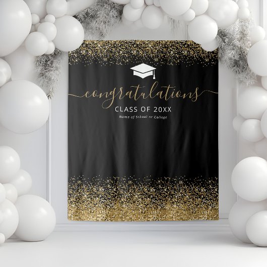 Black Gold Glitter Afstuderen Photo Booth Wandkleed