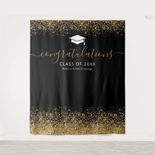 Black Gold Glitter Afstuderen Photo Booth Wandkleed (Voorkant)