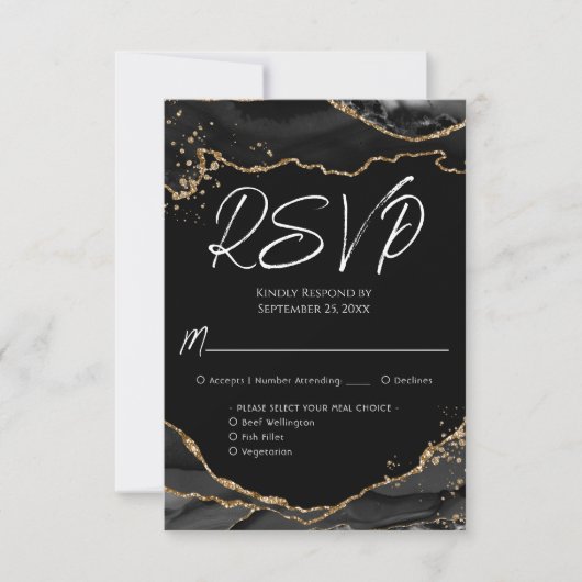 Black Gold Glitter Agate Stone Wedding RSVP-kaart RSVP Kaartje (Voorkant)