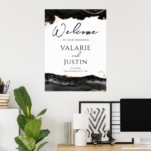 Black Gold Glitter Agate Weddenschap Welkomstteken Poster (Thuiskantoor)