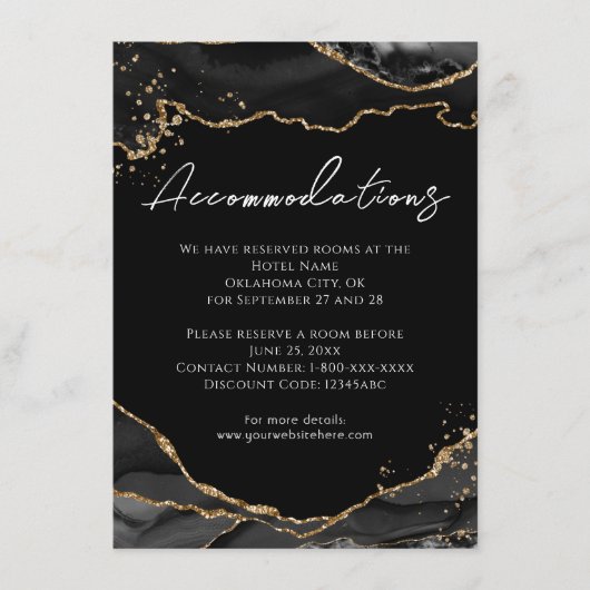 Black Gold Glitter Agate Wedding Accommodatie E Informatiekaartje (Voorkant)