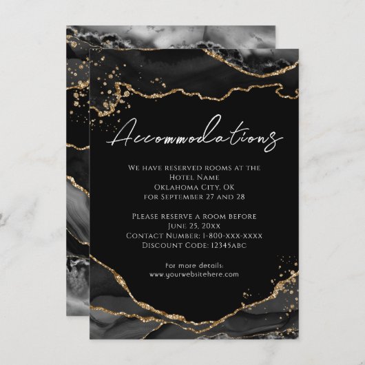 Black Gold Glitter Agate Wedding Accommodatie E Informatiekaartje (Voorkant / Achterkant)