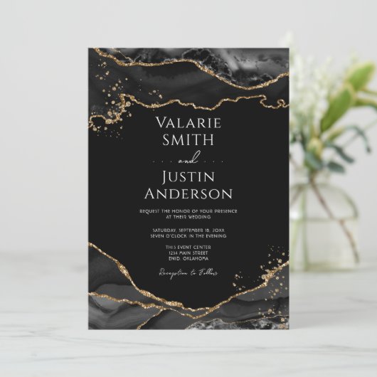 Black Gold Glitter Agate Wedding Kaart (Staand voorkant)