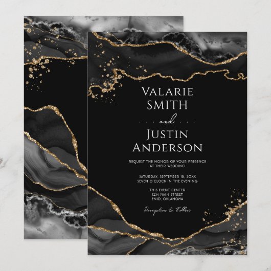 Black Gold Glitter Agate Wedding Kaart (Voorkant / Achterkant)