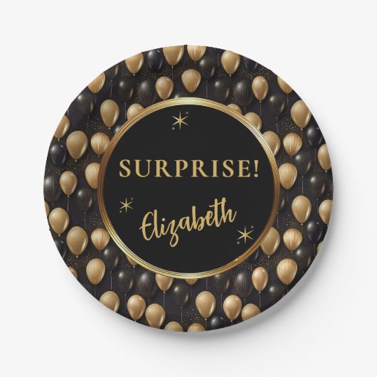 Black Gold Glitter Ballonnen Verjaardag Verrassing Papieren Bordje (Voorkant)