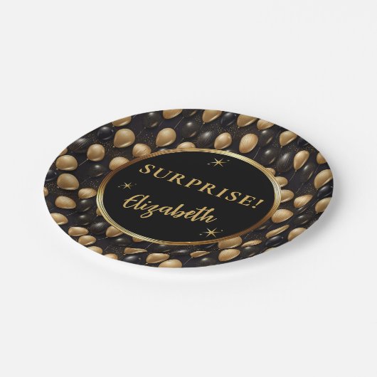 Black Gold Glitter Ballonnen Verjaardag Verrassing Papieren Bordje (Gekanteld)
