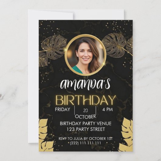 Black Gold Glitter Birthday Invitation Kaart (Voorkant)