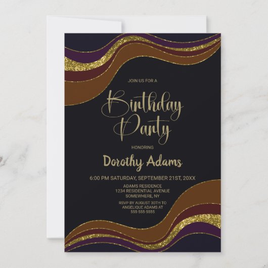 Black Gold Glitter Birthday Party Kaart (Voorkant)