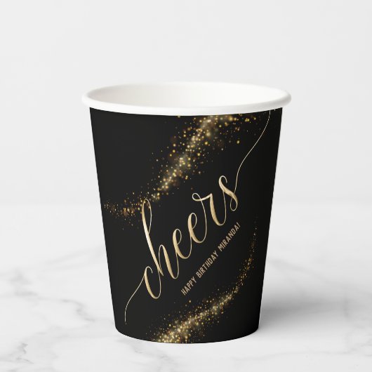 Black Gold Glitter Birthday Party Papieren Bekers (Achterkant)
