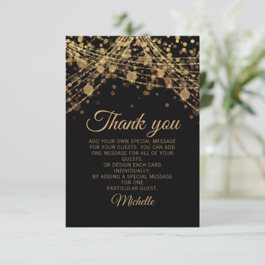 Black Gold Glitter Bokeh Birthday Party Hartelijk Bedankkaart (Staand voorkant)