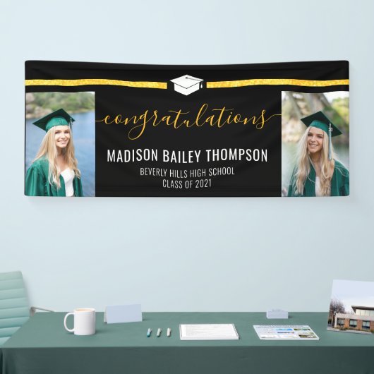 Black Gold Glitter Calligraphy Afstuderen Foto Spandoek (Beurs)