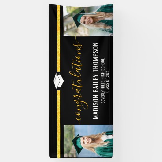 Black Gold Glitter Calligraphy Afstuderen Foto Spandoek (Verticaal)