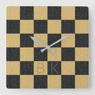 Black Gold Glitter Checkered Chic Trendy Monogram Vierkante Klok