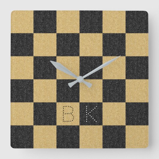 Black Gold Glitter Checkered Chic Trendy Monogram Vierkante Klok (Voorkant)